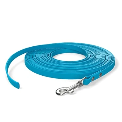 Image of 15m drag lead, dog 1 carabiner, cyan blue, extra narrow, dirt and water repellent