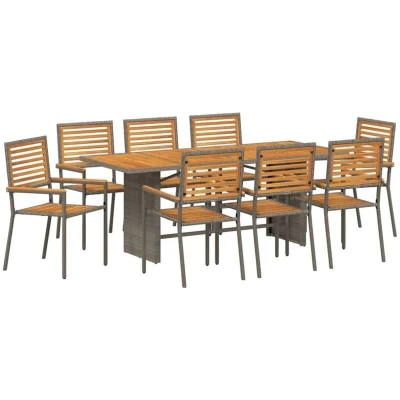 Image of vidaXL 9 Piece Garden Dining Set Grey Poly Rattan Acacia