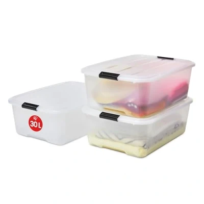 Image of Iris Ohyama Plastic Storage Boxes with Lids, 30L, Set of 3, Clear, Latching Buckles Handles, Stackable, Nesting, Strong &amp; Durable, For Closet, Garage, Home, Office, Organising Tote Bins, TB 30