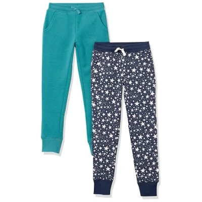 Image of Amazon Essentials Girls&#039; Joggers, Pack of 2, Navy Stars/Teal Green, 11 12 Years