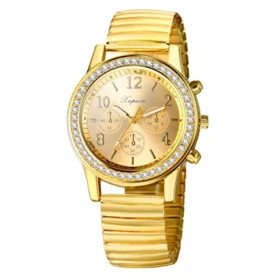 Image of JewelryWe Women’s Rhinestone Elastic Watch: Easy Reader Analog Quartz Dress Watch Gold Plated Stretch Band Wristwatch