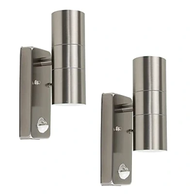 Image of Pair of Modern Stainless Steel Up/Down Outdoor Security Wall Lights PIR Motion Sensor Detector IP44 Rated