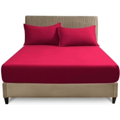 Image of GC GAVENO CAVAILIA Plain Dyed Bedding Fitted Bedsheets Soft &amp; Comfy (137 x 193 Cm) Double Bed Sheet Breathable Non Iron Percale Sheets Red
