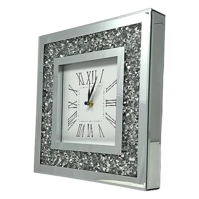 Image of BML Silver Crystal Diamond Wall Mount Clock Loose Diamante Crushed Mirror Jewel Roman With Diamonds for Living Room Bedroom Home Office Decor