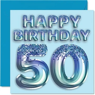 Image of 50th Birthday Card for Men Blue Glitter Party Balloon Happy Cards 50 Year Old Man Uncle Grandad Dad Grandpa Gran, 145mm x Fifty Fiftieth Bday Greeting Gift