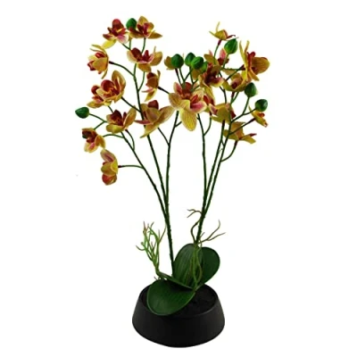 Image of Leaf Artificial Orchid with Black Ceramic Planter, Yellow Pink, 43cm
