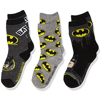Image of BATMAN Boys&#039; Bat Signal 3 Pack Crew Socks Casual, Black Assorted, 6 8.5