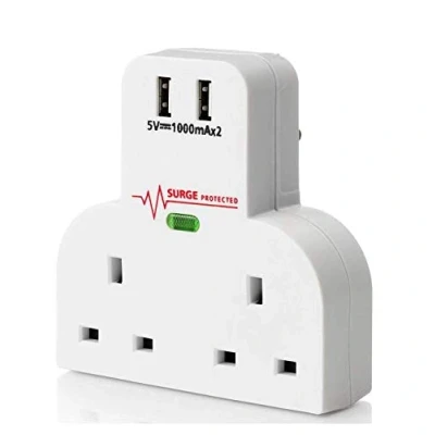 Image of K M Electronics® 2 Gang Double 13A Spike Surge Protected Multi Plug with X USB Charger Ports 1A