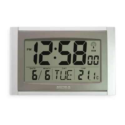 Image of Acctim Stratus Digital Wall/Desk Clock Radio Controlled Tabletop LCD Display Date &amp; Thermometer Silver