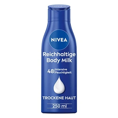 Image of NIVEA Rich Body Milk (250 ml), for 48h Moisturiser, Lotion with 3 in 1 Formula Dry Skin Deep Care Serum, Almond Oil and Vitamin E
