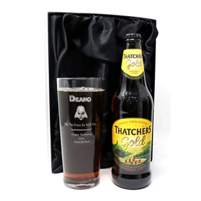 Image of Personalised Pint Glass &amp; Cider Darth Vader Star Wars Design (Thatchers Gold Somerset Cider, Silk Lined Gift Box)