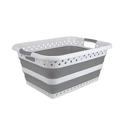 Image of Collapsible Laundry Basket Foldable Storage Container/Organiser Portable Washing Tub Space Saving Hamper Perfect For Bedroom or Bathroom, 45 litre (White &amp; Grey)