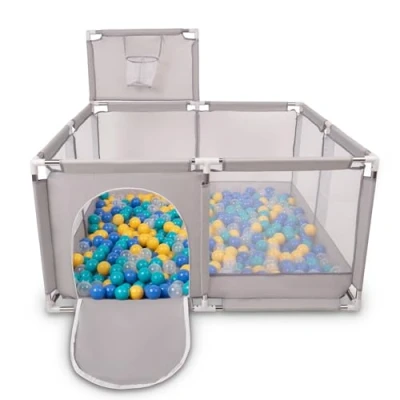 Image of Selonis Square Play Pen Filed with 400 Balls Basketball, Grey:Blue/Turquoise/Yellow/Transparent