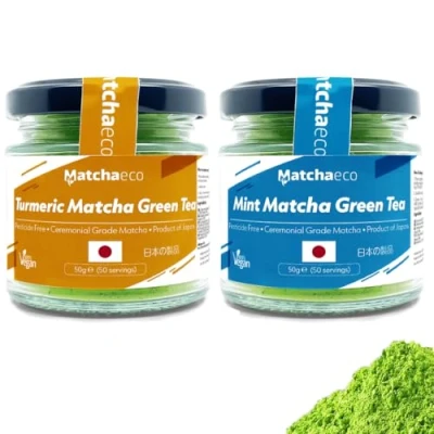 Image of Matchaeco 100g Mint Turmeric Matcha [2 x 50g Turmeric/Mint] Japanese &amp; Peppermint Green Tea Powder Flavoured Stone Ground Ceremonial Grade From Japan Pesticide Free (100g TM)