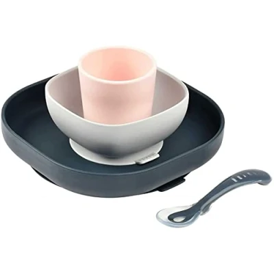 Image of BÉABA Baby Suction Plate Silicone Divided with Cup + Spoon Sticks to the Table/High Chair Tray Microwave Safe Toddler Meal Set Grey