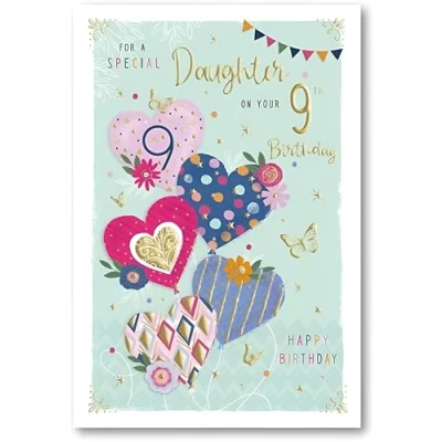 Image of ICG Special Daughter 9th Birthday Card Age 9 Love Heart Balloons, Butterfly and Flowers Embossed with Foil Details