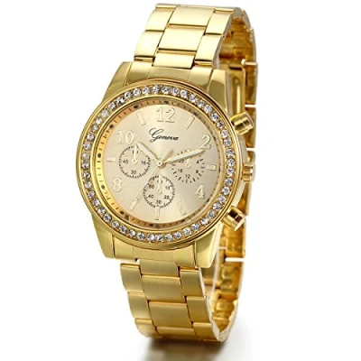 Image of JewelryWe Mens Dress Watch, Stainless Steel Bling Rhinestones Accented Quartz Wrist Watches Gold