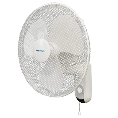 Image of STAYCOOL 16in / 40cm Wall Fan 3 Speed Settings 70 Degree Oscillation Vertical Tilt Pull Cord Operation 45w Quiet Motor Easy Installation Safety Grill Mountable F1421WH White