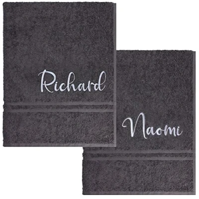 Image of TeddyT&#039;s Personalised His &amp; Hers Charcoal Grey Silver Bath Towels Gift Set