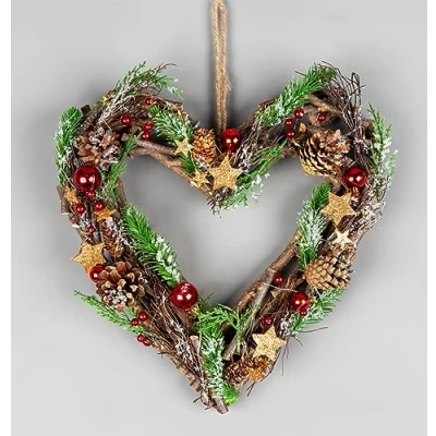 Image of 35cm Prelit Heart Wreath Battery Operated Wooden Twigs Base Decorated with Red Baubles,Berries,Stars,Foliage,Pine Cones, Micro Rice LED Lights Christmas Home Hanging Decoration