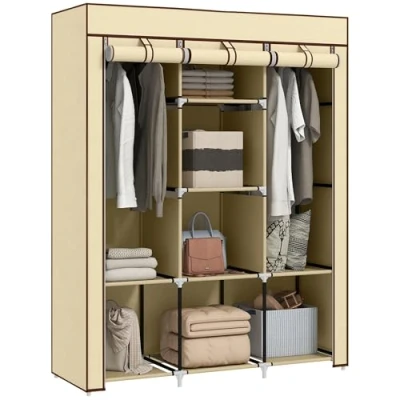 Image of HOMCOM Fabric Wardrobe, Portable Clothes Storage Unit with 8 Shelves, 2 Hanging Rods, 125 x 43 162.5 cm, Beige