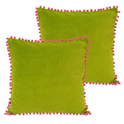 Image of Paoletti Velvet Pompom Cushions (Twin Pack) Lime Green Cotton One Size
