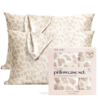 Image of Kitsch 100% Satin Pillowcase with Zipper, Softer Than Silk for Hair &amp; Skin, Cooling Pillow case, Case Cover (Standard/Queen (2 Pack), Leopard)