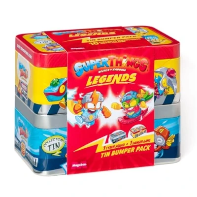 Image of SuperThings LEGENDS tin Bumper Pack.Pack of two tins. Team Terrible&amp;Extreme Riders or Cyber Squad&amp;Danger Gang tin. Each contains 5 exclusive with metallic effect. Randomly packs