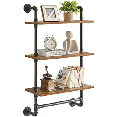 Image of YMYNY 3 Tier Industrial Pipe Wall Mount Shelves, Rustic Storage Floating Bookshelf, Kitchen Spice Rack, for Bedroom, Kitchen, Living Room, Bathroom HRF TM015