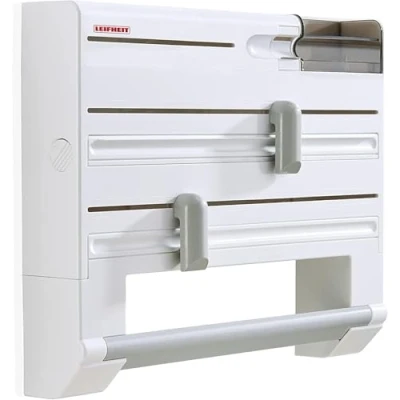 Image of Leifheit Parat Plus Kitchen Roll Holder, Wall Mounted Holder for Film, Foil and Paper, with Cutters Foil, Cutter Dispenser, White, 39 x 32 10 cm, Takes Rolls to 30.5 cm