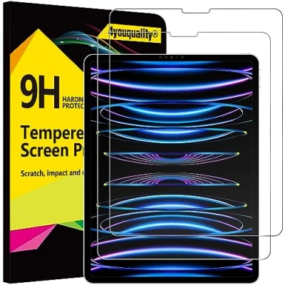Image of 4youquality [2 Pack Screen Protector for iPad Pro 12.9 Inch 2022/2021/2020/2018 (6th/5th/4th/3rd) Model, Face ID Compatible, 9H Tempered Glass Film, Anti Scratch, Impact Resistant