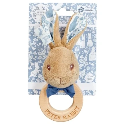 Image of Rainbow Designs Peter Rabbit Wooden Ring Rattle Multi Texture Beatrix Potter Baby Toy for Teething Sustainable Wood and Plush Fabric