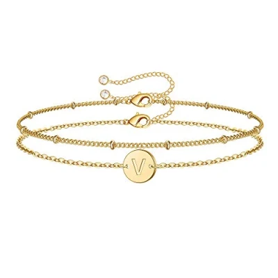 Image of TINGN Gold Initial Bracelets for Women, Dainty 14K Filled Layered Beaded F Letter Bracelet Personalized Alphabet Disc Monogram Charm Jewelry Gifts Girls
