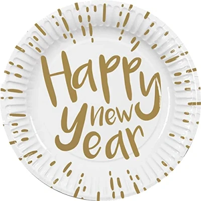 Image of Boland Happy New Year Paper Plates, Pack of 10, 23cm, Eco Friendly, Biodegradable, Year&#039;s Eve Partyware, Plates for Eve, White and Gold (23cm)