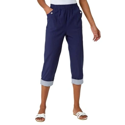 Image of Roman Originals Cropped Stretch Trouser for Women UK Ladies Capri Pants Summer Leggings 3/4 Three Quarter Pedal Pusher Elasticated Waist Cut Off Contrast Detail Pull On Work Navy Size 20