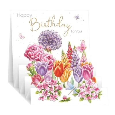 Image of Noel Tatt Female 3D Pop Up Birthday Card Happy with Colourful Flowers Design and Foil Details for Women