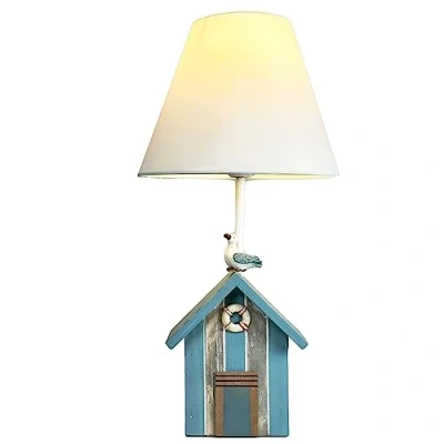 Image of Darthome Blue Beach Hut Lamp White Fabric Cone Lampshade Nautical Seaside Bedside Light 20x41x20cm