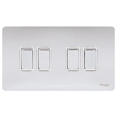 Image of Schneider Electric Ultimate Screwless Flat Plate 4 Gang Rocker 2 Way Light Switch, Single Pole, 16AX, GU1442WPC, Polished Chrome with White Insert