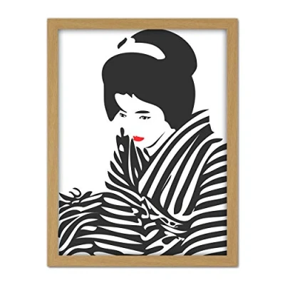 Image of Wee Blue Coo Japanese Geisha Lipstick Stripes Artwork Framed Wall Art Print 18X24 Inch