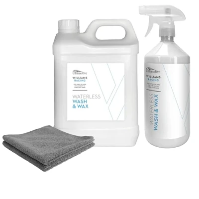 Image of Rokit Williams Racing Waterless Wash and Wax Car Cleaning kit 1L + 2.5L re fill with added 2 x Microfibre cloths