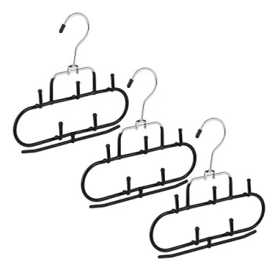 Image of Relaxdays Belt Hanger, Set of 3, 5 Hooks, Bar, Non Slip, Accessories Holder, Organiser for Ties &amp; Scarves, Metal, Black, 60% steel 40% plastic, 20 x 2 cm
