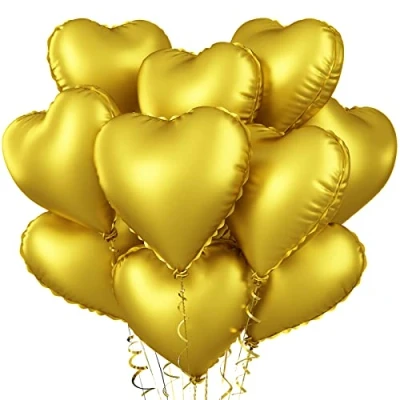 Image of Foil Heart Balloons Gold, 10PCS Gold Shape Balloons, 18inch Metallic Love for Helium, Birthday Decorations Golden Wedding, Valentines Day, Brithday Party, Anniversary