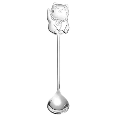Image of MUUYYI Stainless Steel Coffee Dessert Spoon Cute Cat Shape Teaspoon Long Handle Stirring Spoons Ice Cream Tableware