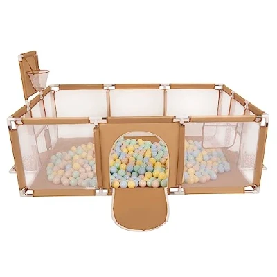 Image of Selonis Baby Playpen Big Size Playground with 100 Balls for Kids, Beige:Pastel Beige/Pastel Blue/Pastel Yellow/Mint