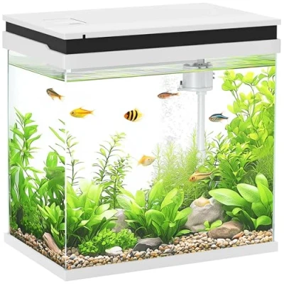 Image of PawHut Fish Tank, 26L Glass Aquarium with Filter System, LED Lights, Water Pump, Small Tank for Betta Fish, Goldfish, Shrimps, White