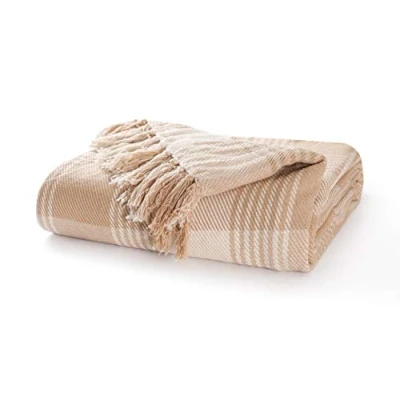 Image of EHC Premium Reversible 100% Cotton Large 225 x 250 cm Tartan Throws for Sofa, Bedspread, Beige