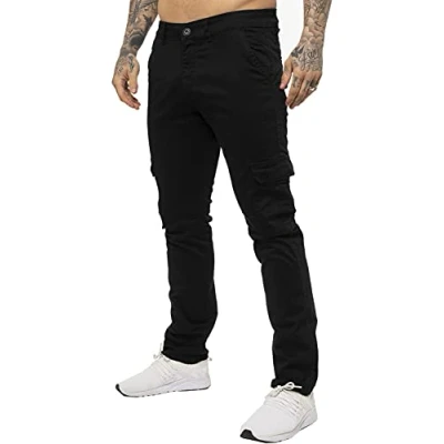 Image of Enzo Jeans Mens Cargo Combat Trousers Chinos Slim Fit Cotton Stretch Work Pants (28W / 32L, Black)