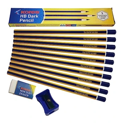 Image of Kores HB Graphite Dark Pencils, Pack of 10, Wooden Lead Pencils Sharpener Eraser Pack, Bulk For School Teacher Supplies, Write Draw Sketch