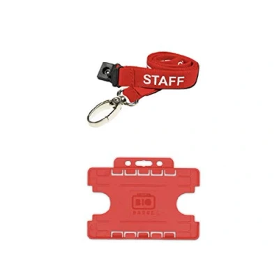 Image of ID Badge Card Pass Name Holder Double Sided for Two Credit Sized Cards and 15mm Staff Neck Strap Lanyard with Safety Breakaway Metal Clip Work, School, Office Accessories, Nurses Red