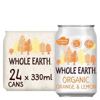 Image of Whole Earth Organic Lightly Sparkling Orange &amp; Lemon, 24x 330 ml, Fizzy Fruity Soft Drink with 100% Natural Ingredients, No Added Refined Sugar,Vegetarian Vegan, Multi Pack